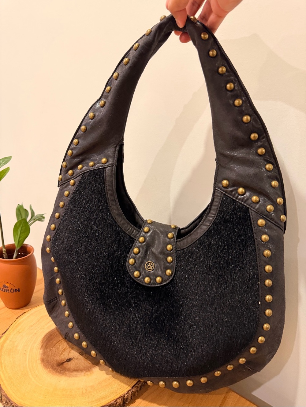 Matt & Nat Black Studded Hobo with Brass-Tone Accents
